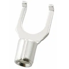 This non-insulated fork terminal is designed for #8 stud connections and accepts 16 AWG to 14 AWG wire. The flanged fork configuration provides secure attachment. Rated for 600 V applications, it is suitable for use in electrical panels, machinery, and power distribution systems.