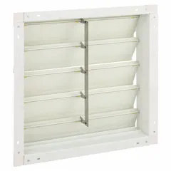 This wall-mount backdraft damper features a single-panel flat blade design and is intended for vertical mounting with horizontal airflow. It measures 23 inches in height, 23 inches in width, and 3 inches in depth, with a maximum air velocity of 2500 fpm. Suitable for use in exhaust systems to prevent reverse airflow.