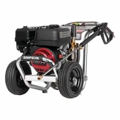 This cold water pressure washer delivers 3000 psi at 3 gpm, powered by a 208 cc engine. It is mounted on a cart for mobility. Typical applications include cleaning concrete, equipment, vehicles, and building surfaces in industrial, construction, and agricultural settings.