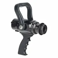 Constant pressure nozzle with solid bore design for straight stream delivery. Constructed with an aluminum body and NST swivel base, activated by a shutoff handle. Suitable for firefighting applications requiring a concentrated water stream
