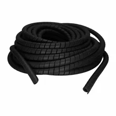 This spiral hose wrap is made of black high-density polyethylene with fire-resistant and antistatic properties. It measures 25 feet in length and uses a spiral closure to bundle and protect hoses from abrasion, cuts, and tangling in industrial environments.