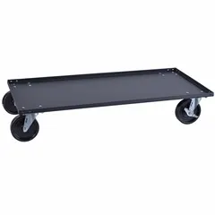 This lipped solid-deck cabinet dolly is designed for transporting heavy cabinets, furniture, and equipment in warehouses, retail spaces, and industrial facilities. The black steel deck with raised edges helps prevent loads from sliding during movement. It features two rigid and two swivel casters with brake for stable transport and controlled positioning.