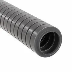 This reduced-wall flexible metal conduit is made of aluminum with a galvanized finish and gray color. It has a 3/8 in trade size, 50 ft overall length, 2 in bend radius, 0.38 in inside diameter, and 0.61 in outside diameter. The conduit is corrosion resistant and complies with CSA 69271 standards. It is used for protecting electrical wiring in applications requiring flexibility and bendable raceways.