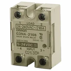 OMRON solid state relay with photocoupler isolation, AC input (75-264V AC) and DC output (4-220V DC). Screw mounting and screw electrical connections. Maximum output current 10 A; without heat sink 4.0 A. Used for switching DC loads in industrial control applications.