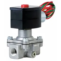 This REDHAT solenoid valve is a 2-way, 2-position normally closed type designed for high-flow applications. It features a 1-1/2 inch pipe size and operates on 120V AC (110V AC). The coil enclosure is watertight, making it suitable for environments where moisture resistance is required. Typical uses include on/off control of liquids or gases in industrial fluid systems.