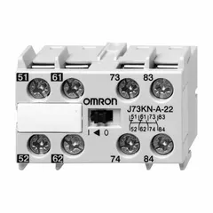 Auxiliary contact block for combination DIN-rail and surface mounting. Provides two normally open and two normally closed contacts for adding switching functions to contactors and relays in industrial control panels. Used for status monitoring or control of additional circuits in motor control centers, conveyor systems, and automation equipment.