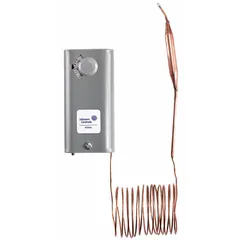 Steel-enclosed line-voltage mechanical thermostat with SPST switch that closes on temperature rise. Adjustable differential from 3° to 12°F. Control range -30° to 100°F. Operates on 120 to 277V AC. Includes 6 ft capillary with 5 in x 3/8 in bulb. Suitable for indoor temperature regulation in HVAC systems.