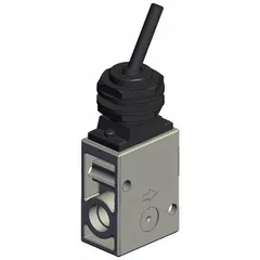 Toggle-actuated 2-port manual air control valve with 1/4 in NPT connections. Maximum operating pressure 1 MPa. Used for directing compressed air flow in pneumatic circuits, such as for manual shut-off or switching in industrial automation, packaging, and material handling systems.