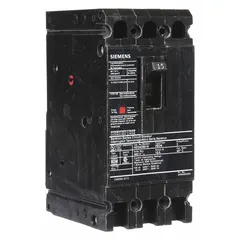 This Siemens molded case circuit breaker is a 15 A ED-frame unit from the HED4 series. It provides overcurrent protection with a maximum interrupting rating of 42 kA at 480 V AC. The breaker features a fixed instantaneous trip, ABC phase connection, and load-side lug terminals. It is suitable for use in industrial power distribution panels, motor control centers, and branch circuits.