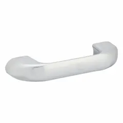 Door pull for bathroom partitions, made of zinc with a bright finish. Includes fasteners for installation. Compatible with solid plastic polymer partitions. Used in commercial restroom applications.