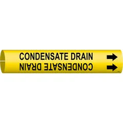 Yellow snap-on pipe marker with black legend 'Condensate Drain' and directional arrows. Fits pipe outer diameters of 4 to 6 inches. Used to identify condensate drain lines in industrial piping systems for steam, compressed air, or refrigeration.