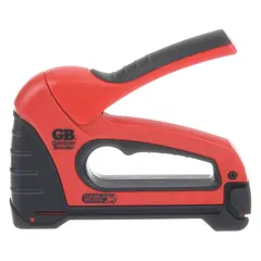 Straight, plastic-bodied staple gun designed for fastening low-voltage wire and cable. Accepts brad nails and flat crown staples with 1/4-inch leg length. Overall length of 4-1/2 inches. Suitable for use on wood or drywall.