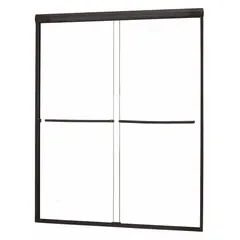 Double-sliding shower door with clear tempered glass and an oil rubbed bronze frame finish. Accommodates openings from 53 to 57 inches wide with a 65-inch overall height. Suitable for residential or commercial bathroom enclosures.
