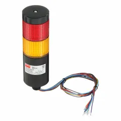 This two-tier tower light assembly provides visual status indication for industrial automation and machinery. The amber and red tiers signal operational states such as warning or alarm. It operates on 90 to 240V AC and has an overall height of 6 11/16 inches. No sounder tier is included.