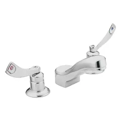 Brass widespread bathroom faucet with chrome finish. Low arc spout and IPS connections. Flow rate 1.2 gpm. Suitable for residential and commercial bathroom sinks.