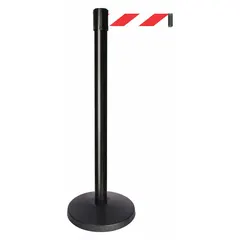This retractable belt post barrier features a black metal alloy post and an ABS base. It includes a 10 ft long by 2 in wide red belt with a chevron pattern and no printed legend. Used for managing pedestrian flow and cordoning off areas in industrial, warehouse, and public settings.