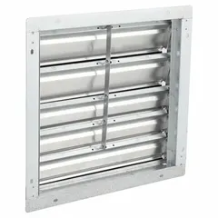 This wall-mount backdraft damper is designed for horizontal airflow in vertical mounting positions. It features a single-panel, flat blade construction and measures 21 inches in height, 21 inches in width, and 2.5 inches in depth. The damper supports a maximum air velocity of 2500 fpm and is used to prevent reverse airflow in exhaust or intake systems.
