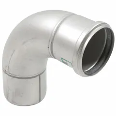 This 90° push-fit pipe elbow is made of stainless steel and sized 3 in x 3 in with a female socket x male connection. It is rated for a maximum operating pressure of 29 psi and meets NSF standards. Used in plumbing and drainage systems to change direction.