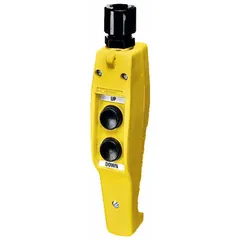Push-button pendant with two momentary push buttons labeled Start/Stop, configured as 1NO/1NC. Nylon enclosure with dead-end hub style for vertical mounting. AC contact rating 6 A at 120 V, DC rating 1.1 A at 125 V. Used for remote control of industrial machinery, hoists, and conveyors.