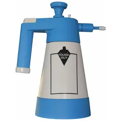 Hand-pump compressed air spray bottle with a white container and blue sprayer. Delivers mist or stream pattern for applying cleaning solutions, lubricants, or solvents in industrial maintenance and plant operations.