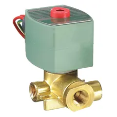 3-way/2-position configurable solenoid valve with quick exhaust function. Pipe size 1/4 in, voltage 120V AC (110V AC compatible). Watertight coil enclosure. Used in industrial pneumatic systems to control air flow direction and provide fast exhaust of downstream air.