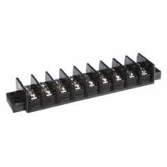 This surface mount barrier strip accepts wire sizes from 22 AWG to 10 AWG and is rated for 30 A maximum current. It features 9 poles for organizing multiple connections in control panels, power distribution, and electrical enclosures. Cover not included.