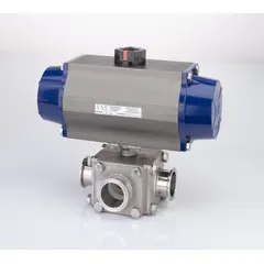 This pneumatically-actuated ball valve features a 316 stainless steel full port ball with an L-port design and side inlet connection. It meets 3A Sanitary Standards with an average surface roughness of less than 0.6 micron. Suitable for hygienic flow diversion and mixing in sanitary processing systems. Pilot solenoid voltage not included.