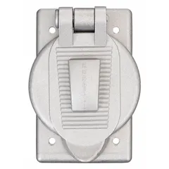 Cast aluminum weatherproof cover for receptacles. Single-gang, vertical mounting orientation. Aluminum color. No enclosure. Suitable for protecting receptacles in outdoor or damp locations.