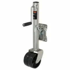 This trailer jack features a wheel base for mobility and a Sidewind handle for convenient operation. It mounts with a bolt-on design and offers a static load capacity of 1,500 lb with a maximum lift height of 23 in. Suitable for lifting and supporting trailers during hitching, unhitching, and storage.
