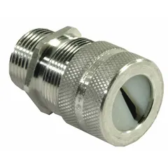 Straight metallic cable grip with 3/4 in MNPT box connection, accepting cord diameters from 0.26 in to 0.78 in. Body is aluminum with silver finish. Rated IP66 and Class III, Division 1 & 2 for hazardous locations. Suitable for wet environments and combustible fiber areas.
