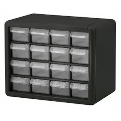 This stackable plastic cabinet features 16 clear polystyrene drawers for organizing small parts. Each drawer measures 1-9/16 in x 6 in x 2-7/32 in, with overall cabinet dimensions of 10 1/2 in x 6 1/2 in x 8 1/2 in. Suitable for workshop, garage, or industrial storage of hardware, electronic components, and similar items.