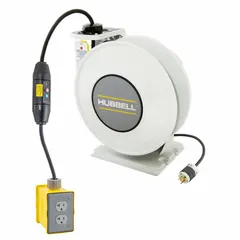 Self-retracting cord reel with ratchet lock for organized power delivery. Includes 35 ft of 12 AWG SJO cable. Feeder cord terminates in NEMA 5-20P plug; retractable cord terminates in NEMA 5-20R receptacle. Suitable for industrial and commercial environments requiring retractable power extension.