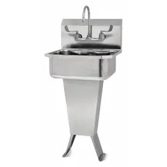 Freestanding hand sink with integrated faucet, 41 1/2 in overall height, 17 in bowl length, 7 in bowl depth, and 0.5 gpm flow rate. Side splash not included. Suitable for commercial restrooms, healthcare, and foodservice areas requiring touch-free operation.