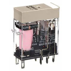 The OMRON G2R-2-S-AC120(S) is a general-purpose socket-mounted relay from the G2RS Series. It features a DPDT contact configuration, 5 A current rating at 120V AC, and a square base with flat pins for plug-in mounting. Quick-connect terminals facilitate wiring in control panels and automation systems.