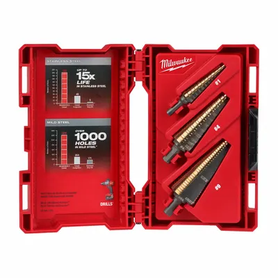 MILWAUKEE 3-Piece Cobalt Step Drill Bit Set, 1/8" to 1-1/8", Black Oxide HSS - Cobalt Step Drill Bit Sets