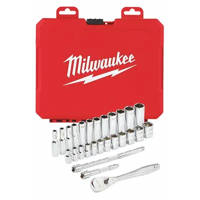 MILWAUKEE Socket Wrench Set: 1/4 in Drive, 28 Piece, 6-Point, Metric - Metric Socket Sets with Drive Tools