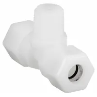 Nylon compression tee fitting with three connections: two for 3/8 in OD tubing and one for 3/8 in pipe. Used to create a branch connection in pneumatic or low-pressure fluid systems, providing a leak-resistant joint for tube-to-pipe transitions