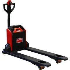 This 48V lithium-ion electric pallet jack has a 3300 lb capacity with standard steel forks measuring 45 in length and 27 in overall width (14 in between forks). Designed for moving palletized loads in warehouses and distribution centers, it features a maintenance-free operation with zero emissions.