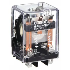 This OMRON MJN Series relay is a socket-mounted, DPDT device rated for 10 A at 240V AC. It features a square base with flat pins and quick-connect terminals for plug-in installation. Suitable for switching loads in control panels, HVAC systems, and automation equipment.