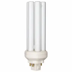This PHILIPS PL-T compact fluorescent lamp features a triple twin-tube design with a 4-pin GX24q-3 base. It produces 2250 lumens of warm white light at 3000K color temperature and is dimmable, suitable for general lighting in commercial and industrial spaces.