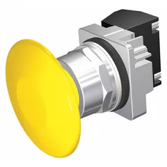 Momentary-action push button with a 30 mm non-metallic mushroom head profile. Features pressure plate terminal connection. Suitable for use as a control device in industrial machinery and control panels.