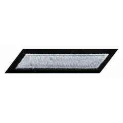 This embroidered insignia features a white hashmark design on a black plastic base, constructed of felt and plastic. Measuring 2 inches by 3/8 inch, it is designed for sew-on attachment to uniforms, caps, or tactical gear. Commonly used to denote service or achievement in military, law enforcement, and first responder contexts.