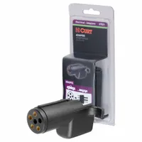 This adapter converts a 6-way round trailer connector to a 4-way flat connector. Made of plastic with an overall length of 2 3/4 inches, it enables compatibility between towing vehicles and trailers with different wiring systems without rewiring