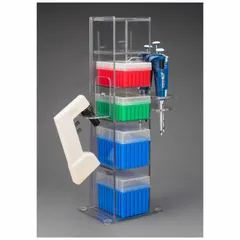 Clear PETG lab organizer for benchtop mounting. Overall height 20 3/4 in, length 5 3/4 in. Holds up to five boxes of pipette tips. Suitable for organizing lab supplies on benchtops in research or clinical settings.