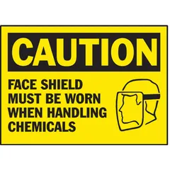 Adhesive-mounted caution sign indicating that a face shield must be worn when handling chemicals. Made of polyester with a thickness of 0.01 in. Nominal sign size is 3 1/2 in x 5 in. Supplied in a pack of 5. Not retroreflective and does not glow in the dark. Suitable for use in areas where chemical handling requires face protection.