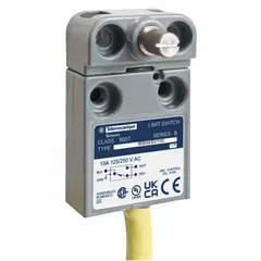 Metallic rotary-motion limit switch from the 9007MS series, with 70° total travel and 1NO/1NC contact configuration. Supplied with a pre-wired cable; no actuator included. Used for angular position sensing in industrial automation applications such as conveyors, packaging equipment, and material handling systems.