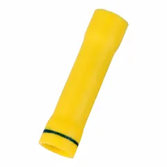 Yellow vinyl-insulated butt splice connector for joining two wires end-to-end. Accepts 16 AWG to 10 AWG wire, rated 600 V. Pack of 100. Suitable for general wiring, junction boxes, and control panels.