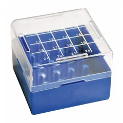 This resin freezer box is designed for organizing and protecting samples in freezer environments. Its construction resists moisture and cracking at low temperatures, making it suitable for cold storage of vials, tubes, or cryogenic specimens. Dimensions: 75 mm overall length by 75 mm overall width.