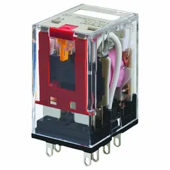 Socket-mounted relay with 4PDT contact configuration, rated 1 A at 220 V AC resistive load. Operates on 24 V DC, features a square base with flat pins, and uses plug-in electrical connection. Suitable for switching in control panels and automation systems.