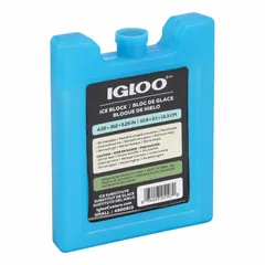 Solid gel ice pack for keeping items cold in coolers, lunch boxes, or medical kits. Reusable blue pack measures 4 1/4 in length, 5 1/4 in width, and 3/4 in thickness.